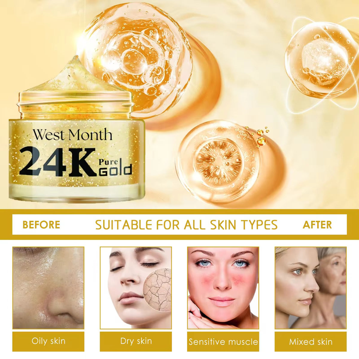 Wholesale Customization West Month 24K Gold Foil Anti-Aging Facial Moisturizing & Hydrating Skin Care Cream for All Skin Types